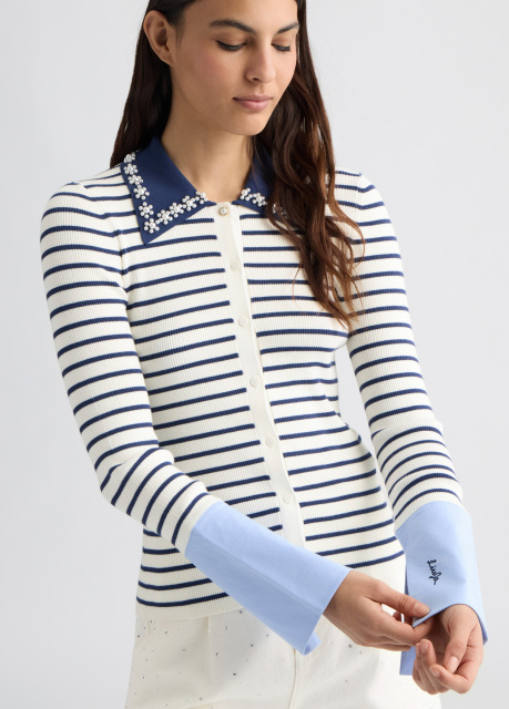 OEM Women’s Striped Button-Down Cardigan with Floral Collar – Elegant Long Sleeve Cardigan for Wholesale & Custom Manufacturing
