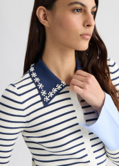 OEM Women’s Striped Button-Down Cardigan with Floral Collar – Elegant Long Sleeve Cardigan for Wholesale & Custom Manufacturing