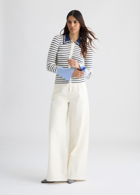 OEM Women’s Striped Button-Down Cardigan with Floral Collar – Elegant Long Sleeve Cardigan for Wholesale & Custom Manufacturing