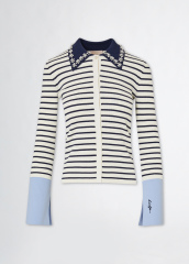 OEM Women’s Striped Button-Down Cardigan with Floral Collar – Elegant Long Sleeve Cardigan for Wholesale & Custom Manufacturing