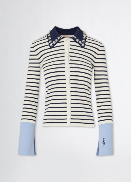 OEM Women’s Striped Button-Down Cardigan with Floral Collar – Elegant Long Sleeve Cardigan for Wholesale & Custom Manufacturing