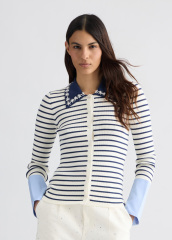 OEM Women’s Striped Button-Down Cardigan with Floral Collar – Elegant Long Sleeve Cardigan for Wholesale & Custom Manufacturing