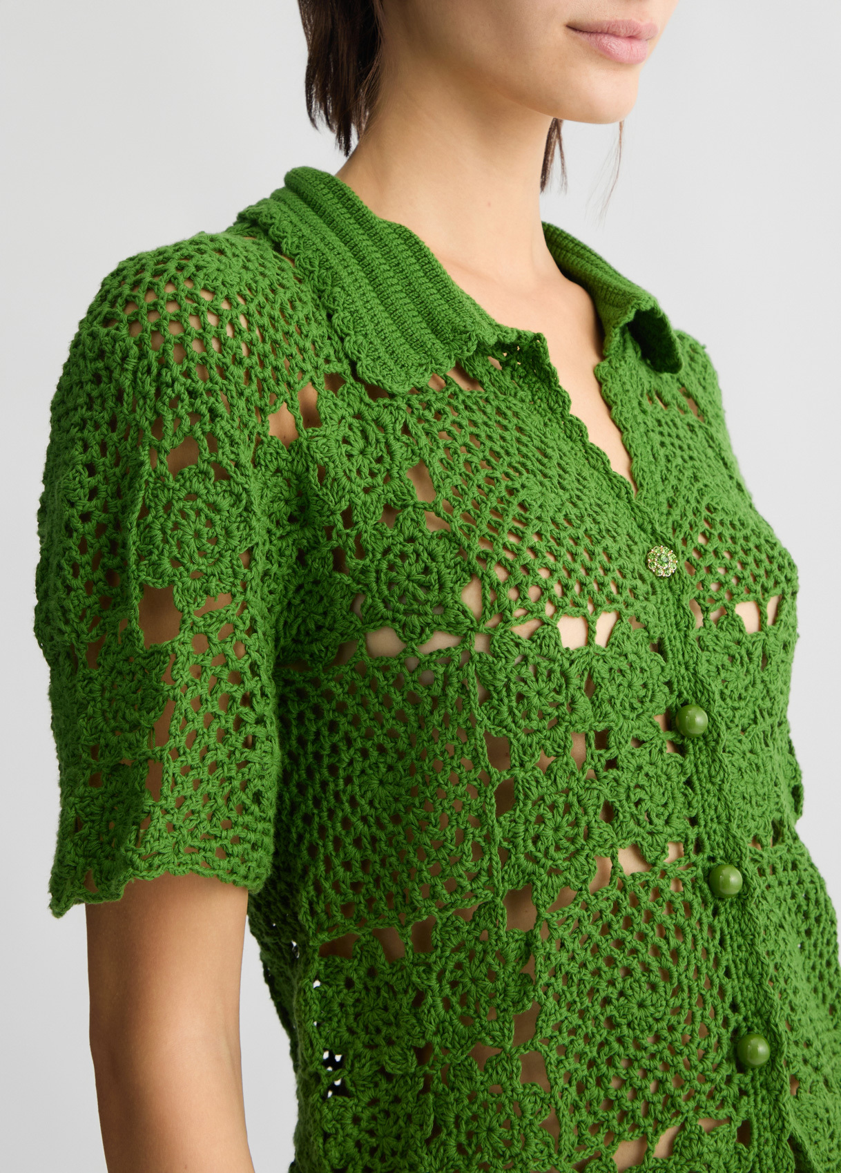 OEM Women's Green Crochet Button-Down Top – Lightweight & Breathable Crochet Shirt for Wholesale & Custom Manufacturing