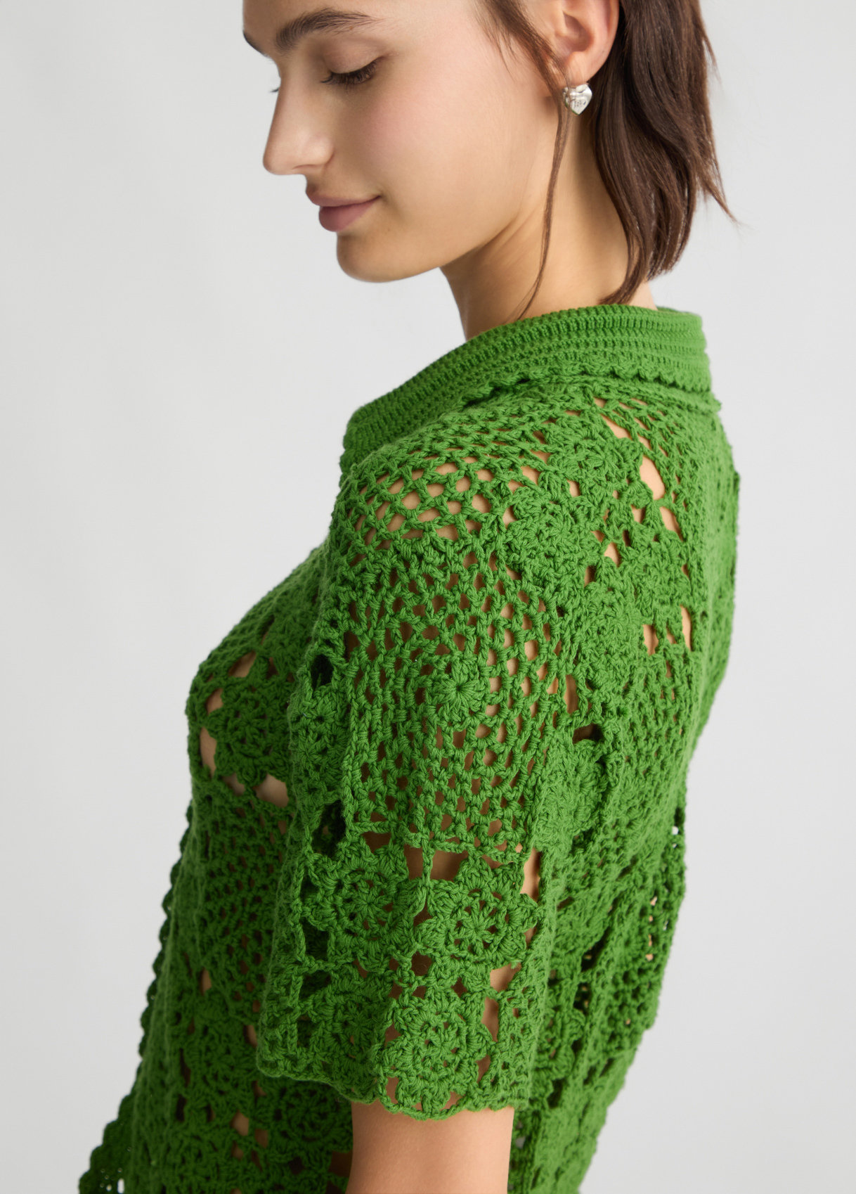 OEM Women's Green Crochet Button-Down Top – Lightweight & Breathable Crochet Shirt for Wholesale & Custom Manufacturing