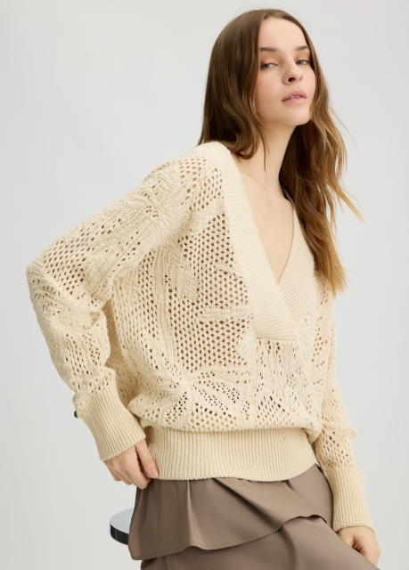 OEM Women's Cream Knit V-Neck Sweater – Oversized Breathable Knit Top for Wholesale & Custom Manufacturing