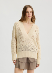 OEM Women's Cream Knit V-Neck Sweater – Oversized Breathable Knit Top for Wholesale & Custom Manufacturing