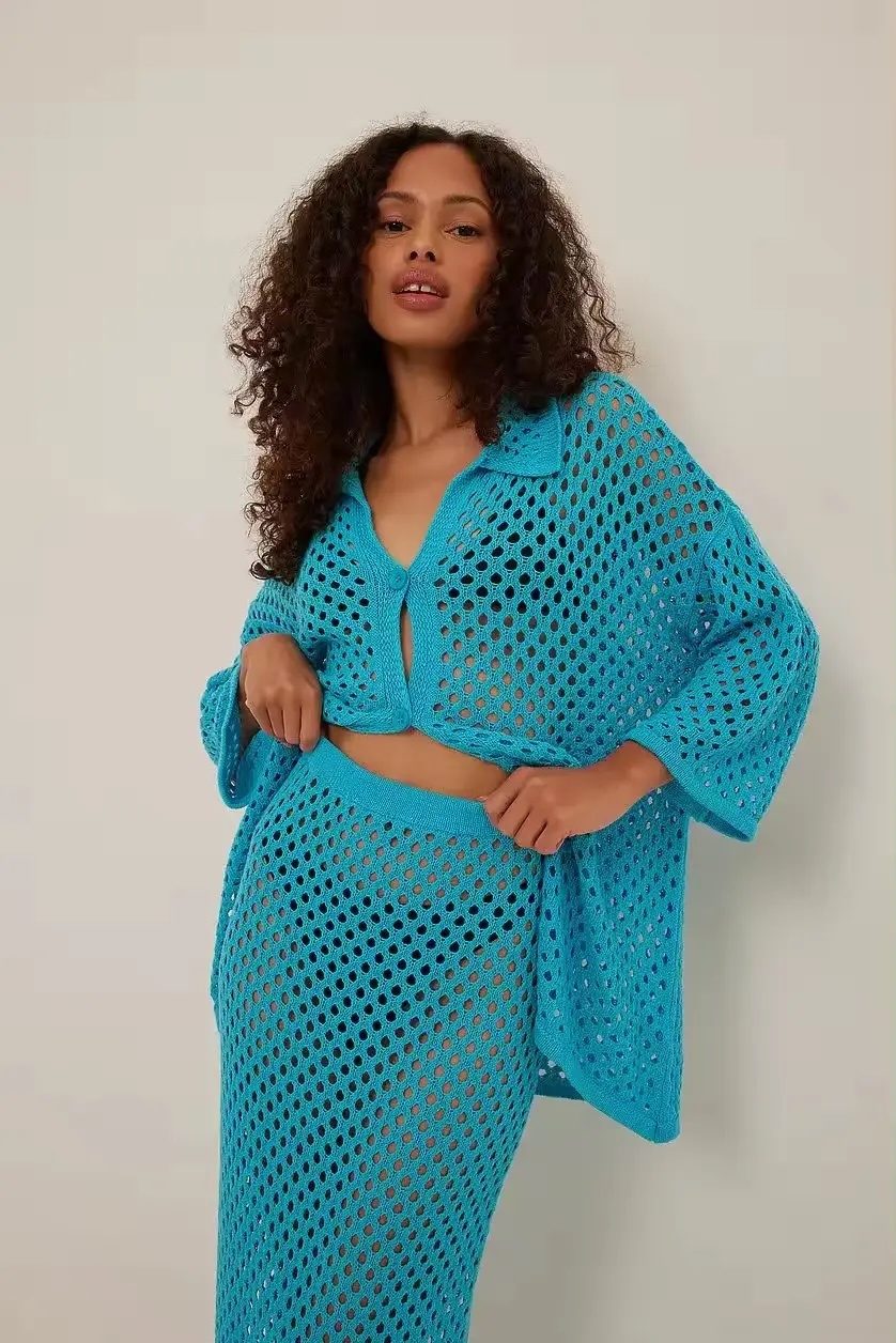 OEM Women’s Customized Turquoise Crochet Knit Cardigan and Skirt Set – Lightweight & Breathable Two-Piece Outfit for Wholesale & Custom Manufacturing