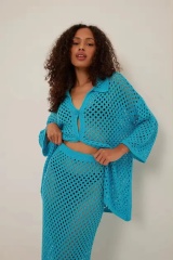 OEM Women’s Customized Turquoise Crochet Knit Cardigan and Skirt Set – Lightweight & Breathable Two-Piece Outfit for Wholesale & Custom Manufacturing