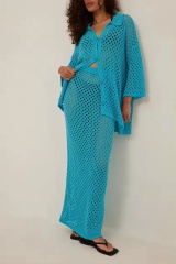 OEM Women’s Customized Turquoise Crochet Knit Cardigan and Skirt Set – Lightweight & Breathable Two-Piece Outfit for Wholesale & Custom Manufacturing