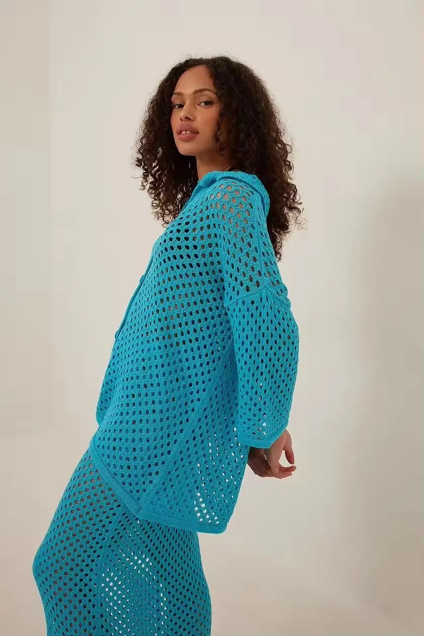 OEM Women’s Customized Turquoise Crochet Knit Cardigan and Skirt Set – Lightweight & Breathable Two-Piece Outfit for Wholesale & Custom Manufacturing
