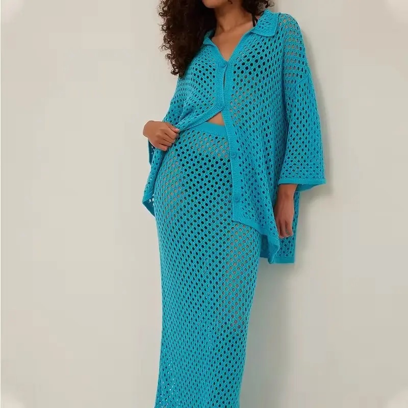 OEM Women’s Customized Turquoise Crochet Knit Cardigan and Skirt Set – Lightweight & Breathable Two-Piece Outfit for Wholesale & Custom Manufacturing