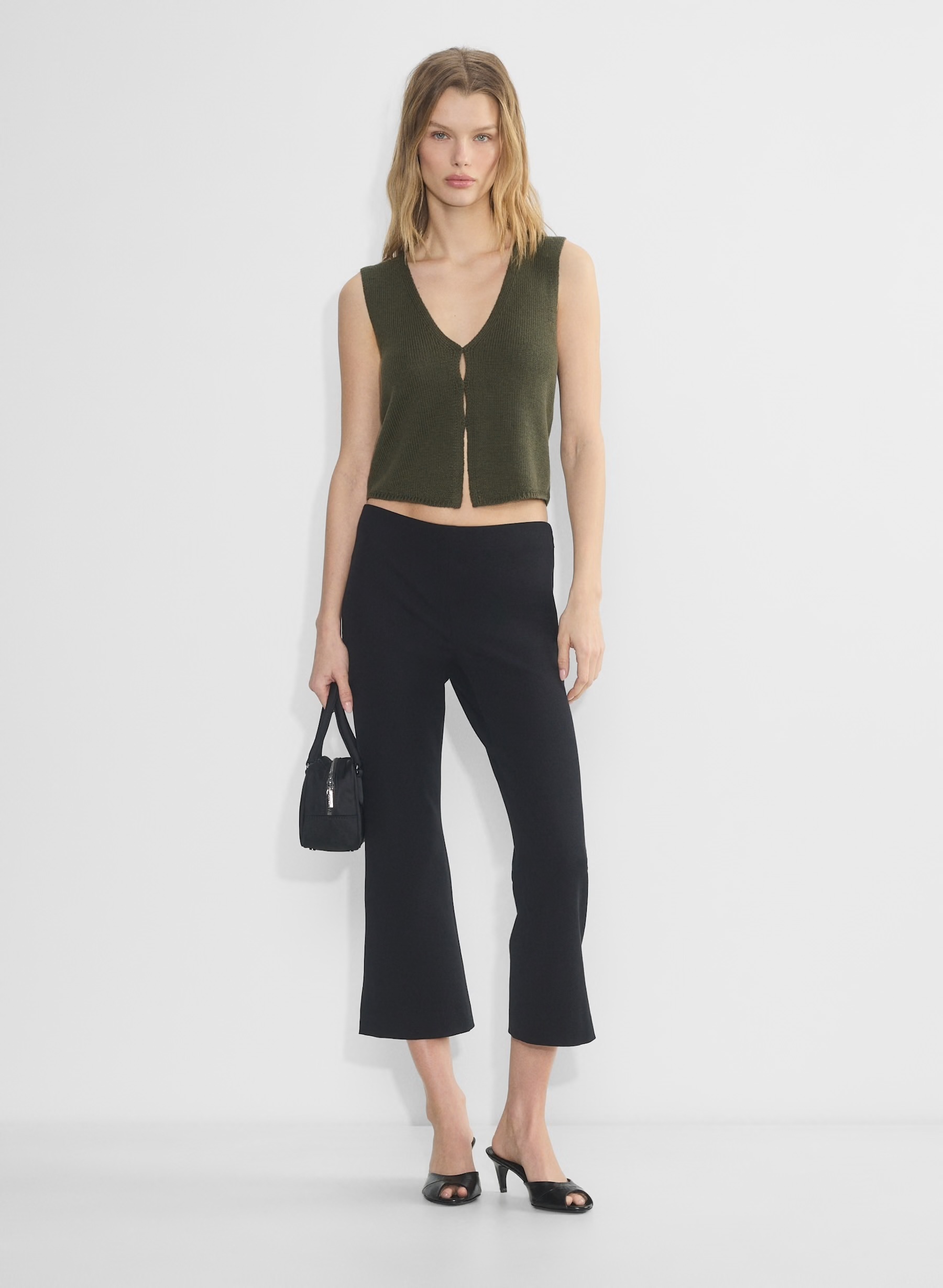 OEM ODM Olive Green Cropped Button-Up Top and Black Flared Pants Set – Lightweight Knit Set for Wholesale & Custom Manufacturing