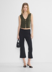 OEM ODM Olive Green Cropped Button-Up Top and Black Flared Pants Set – Lightweight Knit Set for Wholesale & Custom Manufacturing