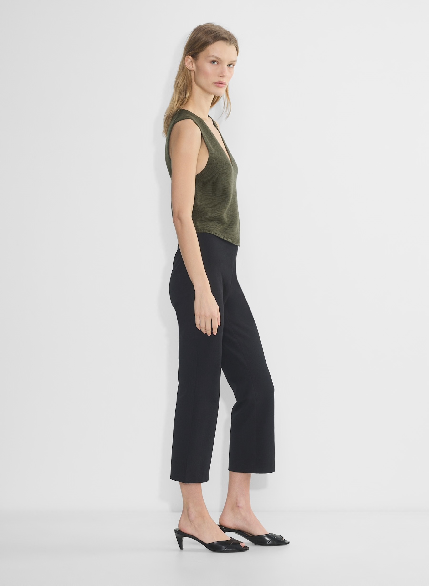 OEM ODM Olive Green Cropped Button-Up Top and Black Flared Pants Set – Lightweight Knit Set for Wholesale & Custom Manufacturing