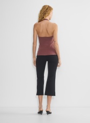 OEM ODM Made-to-Order Rust Ribbed Halter Neck Top and Black Cropped Flared Pants Set – Trendy Two-Piece Outfit for Wholesale & Custom Manufacturing