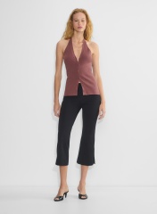 OEM ODM Made-to-Order Rust Ribbed Halter Neck Top and Black Cropped Flared Pants Set – Trendy Two-Piece Outfit for Wholesale & Custom Manufacturing