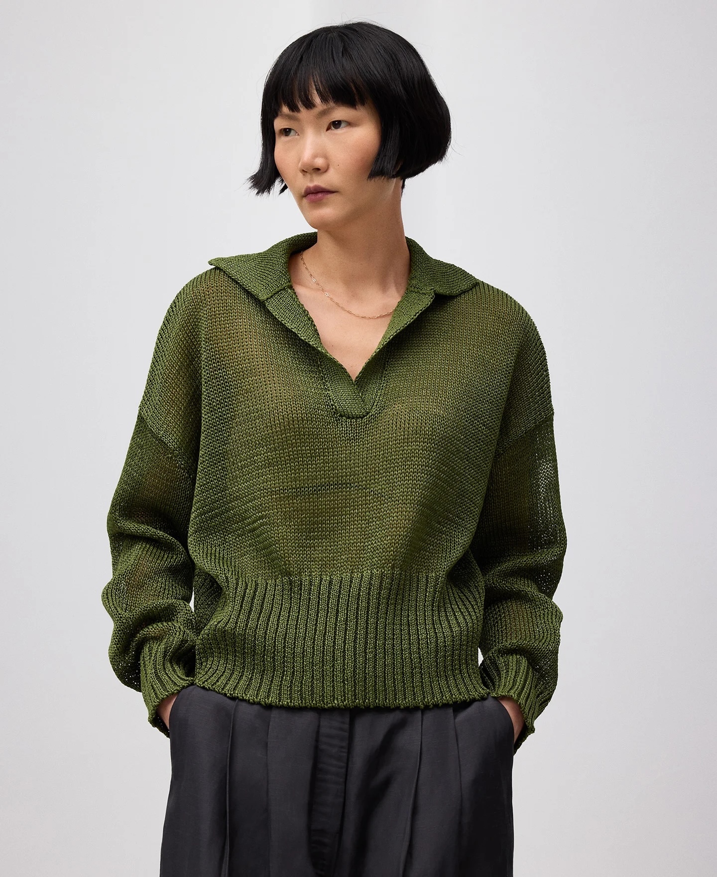 Customizable Textured Knit Collared Pullover Sweater – Olive Green | Wholesale, Low MOQ, Perfect for Transitional Seasons
