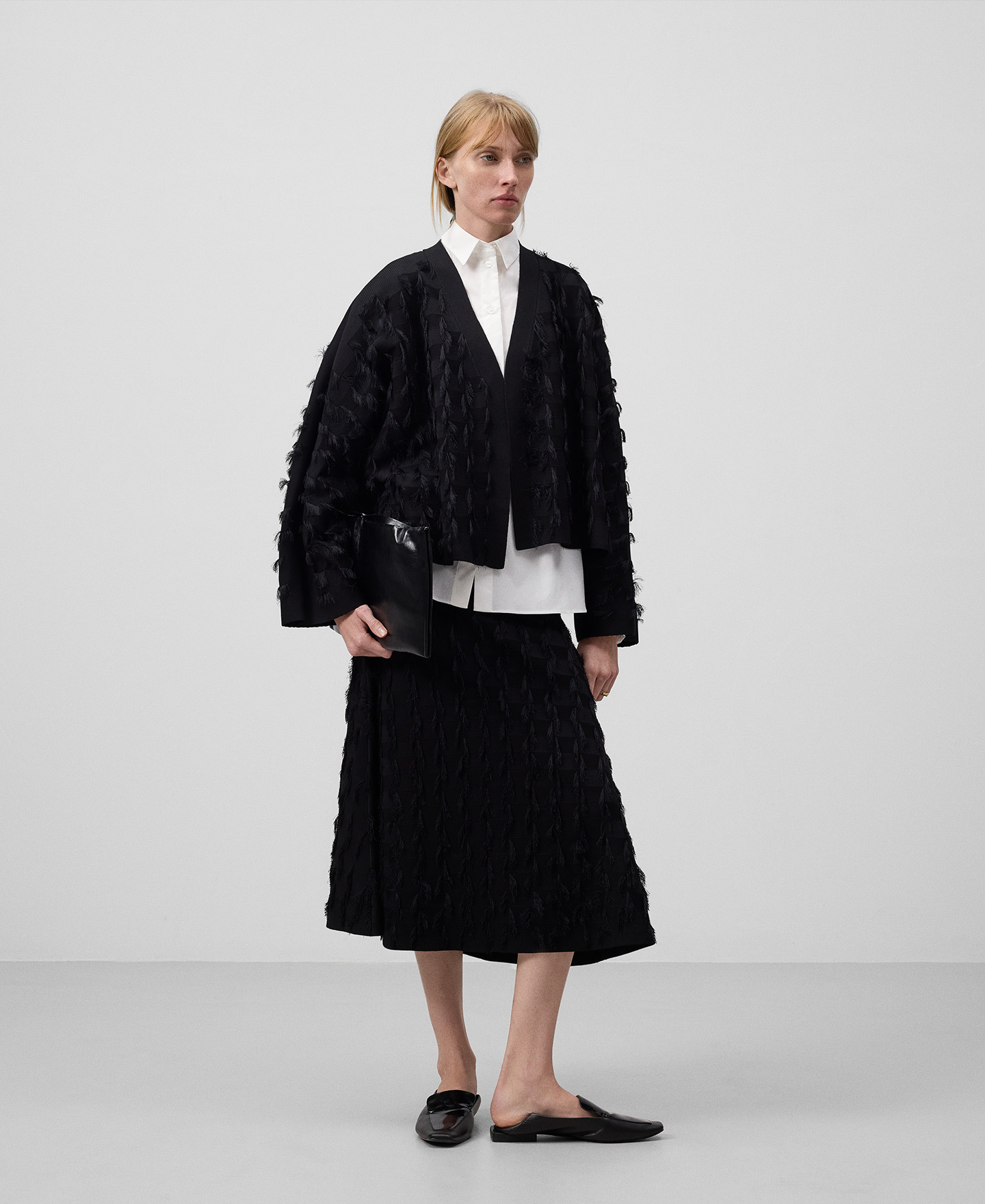 Customize Black Textured Pleated Midi Skirt and Jacket Set