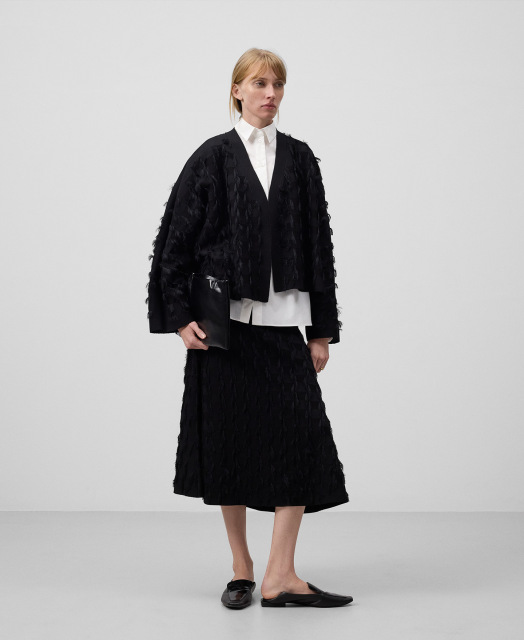 Customize Black Textured Pleated Midi Skirt and Jacket Set