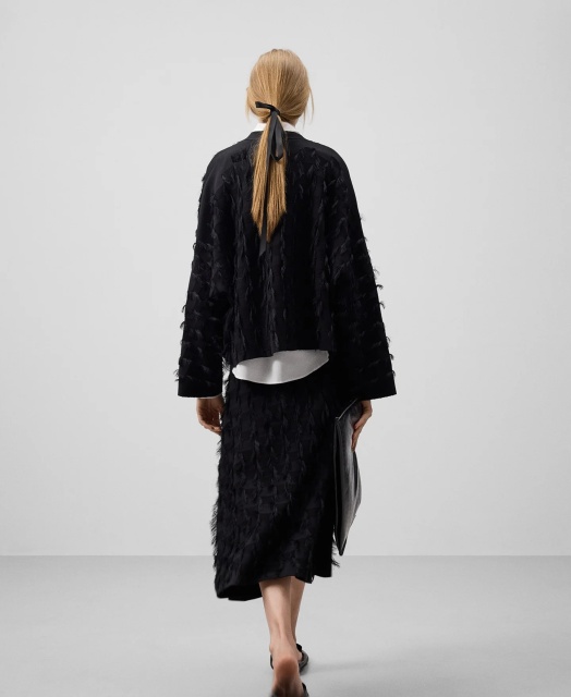 Customize Black Textured Pleated Midi Skirt and Jacket Set