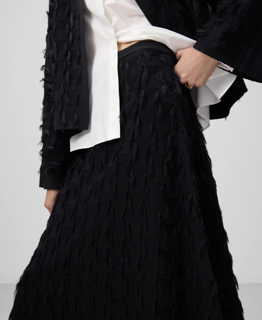 Customize Black Textured Pleated Midi Skirt and Jacket Set