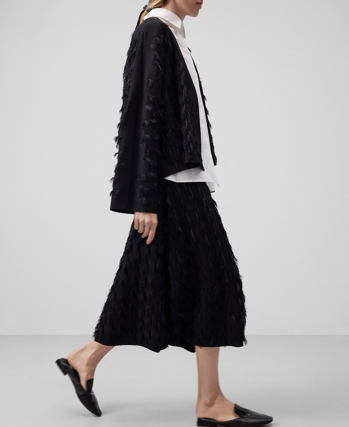 Customize Black Textured Pleated Midi Skirt and Jacket Set