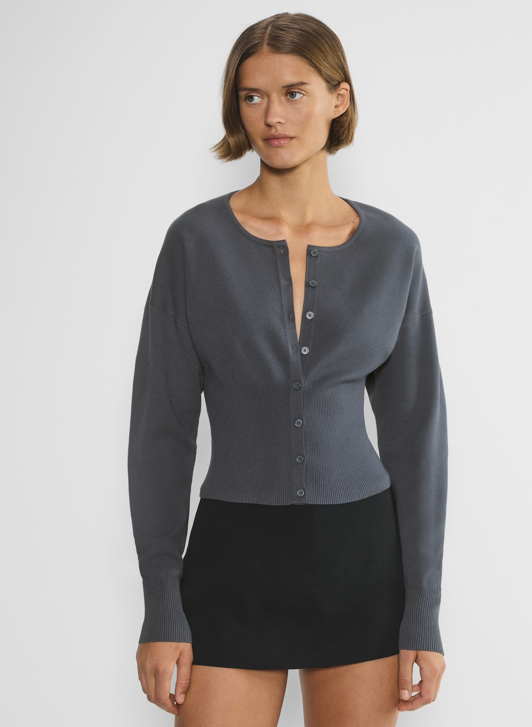Custom Grey Ribbed Cardigan and Black Mini Skirt Set | Wholesale & Bulk Orders | OEM/ODM Services | Manufacturer by Jubaodi
