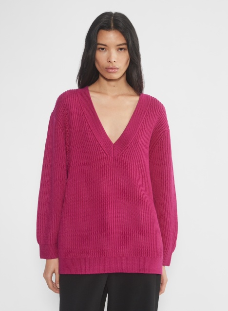 Custom Women's Deep V-Neck Ribbed Knit Sweater - Fuchsia Pink | Factory Direct Wholesale | Bulk Orders & Custom Manufacturing by Jubaodi