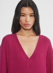 Custom Women's Deep V-Neck Ribbed Knit Sweater - Fuchsia Pink | Factory Direct Wholesale | Bulk Orders & Custom Manufacturing by Jubaodi