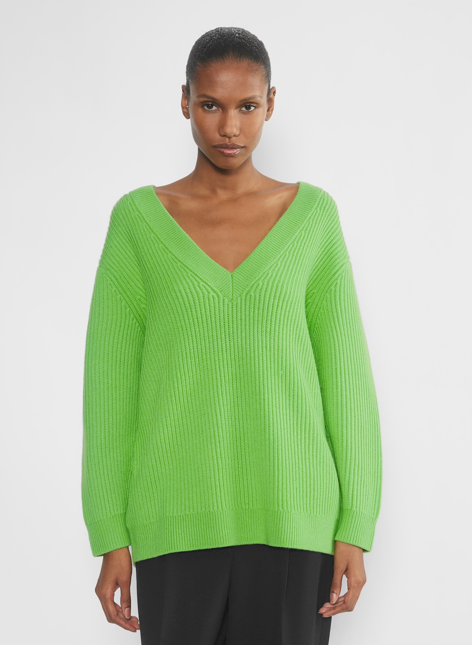 Custom Women's Deep V-Neck Ribbed Knit Sweater - Fuchsia Pink | Factory Direct Wholesale | Bulk Orders & Custom Manufacturing by Jubaodi