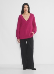 Custom Women's Deep V-Neck Ribbed Knit Sweater - Fuchsia Pink | Factory Direct Wholesale | Bulk Orders & Custom Manufacturing by Jubaodi