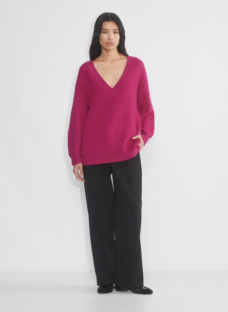 Custom Women's Deep V-Neck Ribbed Knit Sweater - Fuchsia Pink | Factory Direct Wholesale | Bulk Orders & Custom Manufacturing by Jubaodi