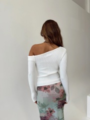 Customizable Women's Off-Shoulder Ribbed Knit Sweater - White | Wholesale & Bulk Orders | ODM & OEM Services by Jubaodi