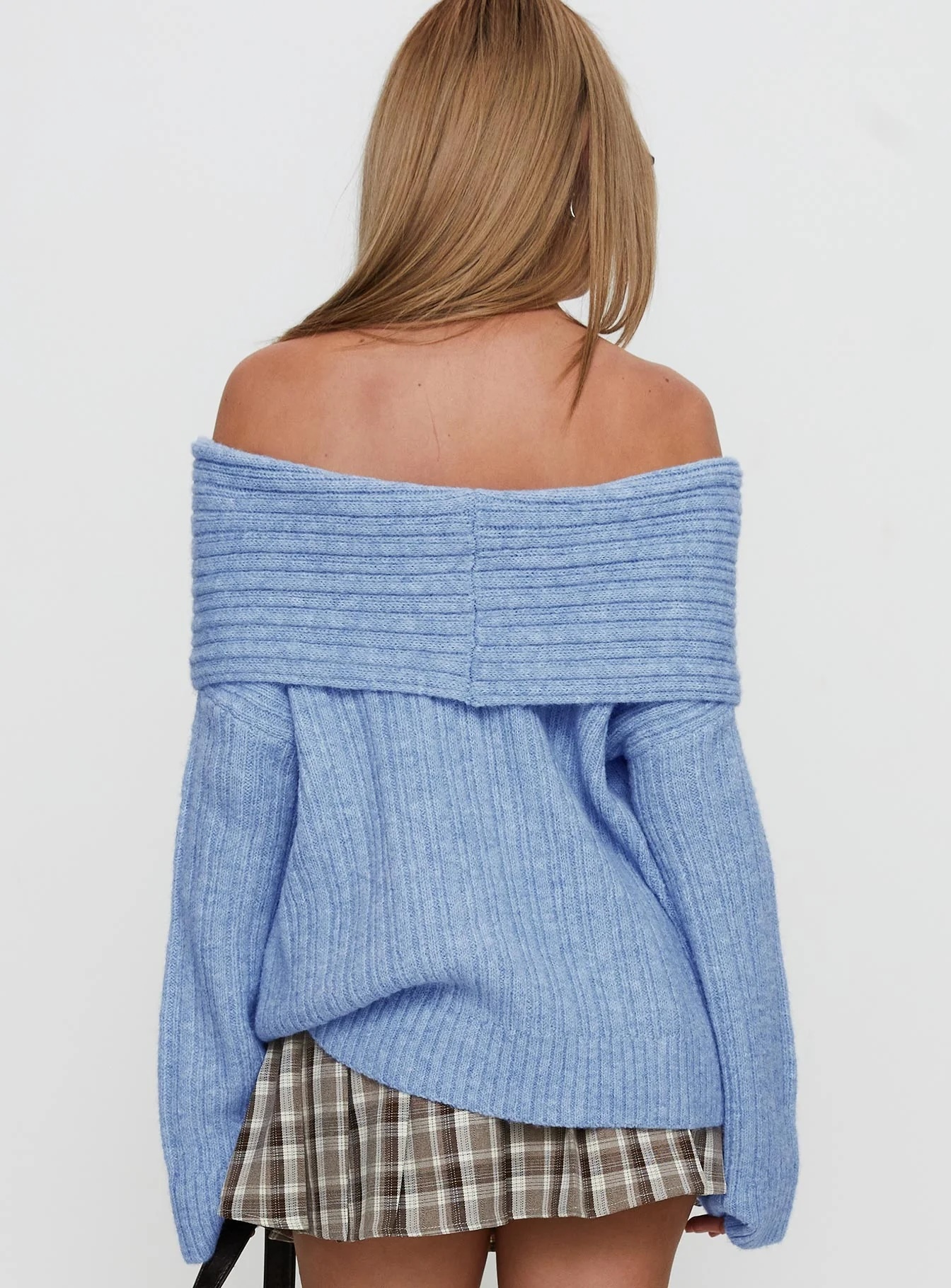 Jubaodi Custom Women’s Off-Shoulder Ribbed Knit Sweater in Sky Blue – Wholesale & OEM/ODM Knitwear for Retailers