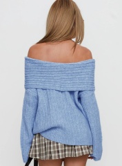 Jubaodi Custom Women’s Off-Shoulder Ribbed Knit Sweater in Sky Blue – Wholesale & OEM/ODM Knitwear for Retailers