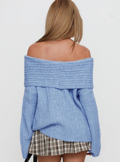 Jubaodi Custom Women’s Off-Shoulder Ribbed Knit Sweater in Sky Blue – Wholesale & OEM/ODM Knitwear for Retailers
