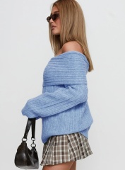 Jubaodi Custom Women’s Off-Shoulder Ribbed Knit Sweater in Sky Blue – Wholesale & OEM/ODM Knitwear for Retailers