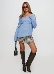 Jubaodi Custom Women’s Off-Shoulder Ribbed Knit Sweater in Sky Blue – Wholesale & OEM/ODM Knitwear for Retailers