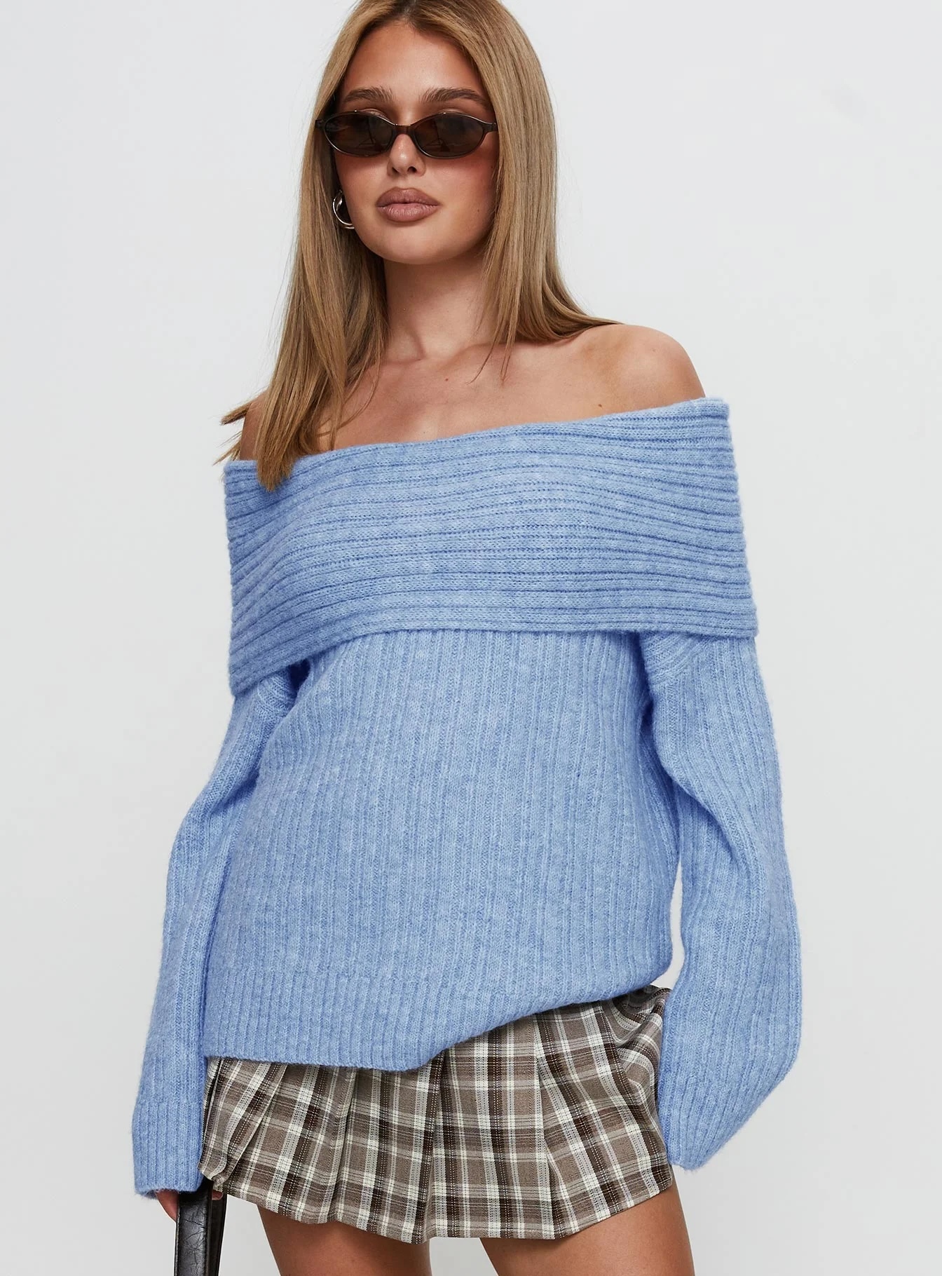 Jubaodi Custom Women’s Off-Shoulder Ribbed Knit Sweater in Sky Blue – Wholesale & OEM/ODM Knitwear for Retailers