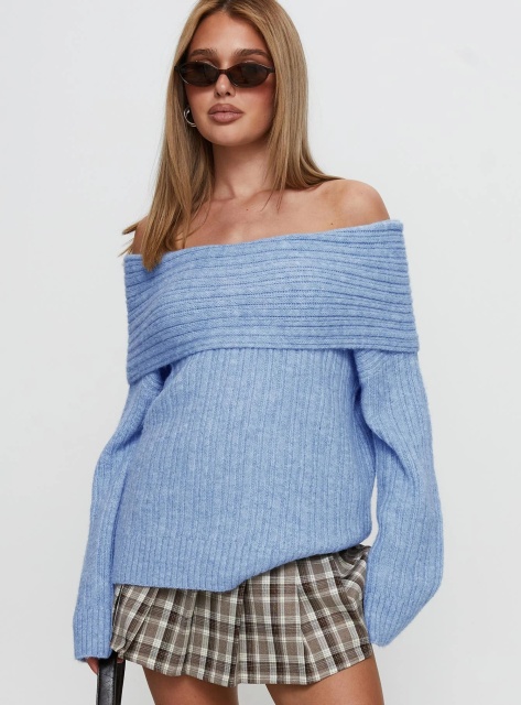 Jubaodi Custom Women’s Off-Shoulder Ribbed Knit Sweater in Sky Blue – Wholesale & OEM/ODM Knitwear for Retailers