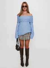 Jubaodi Custom Women’s Off-Shoulder Ribbed Knit Sweater in Sky Blue – Wholesale & OEM/ODM Knitwear for Retailers
