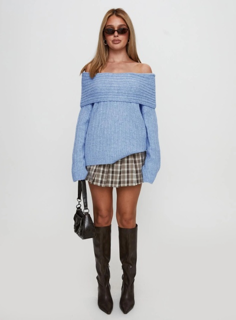 Jubaodi Custom Women’s Off-Shoulder Ribbed Knit Sweater in Sky Blue – Wholesale & OEM/ODM Knitwear for Retailers