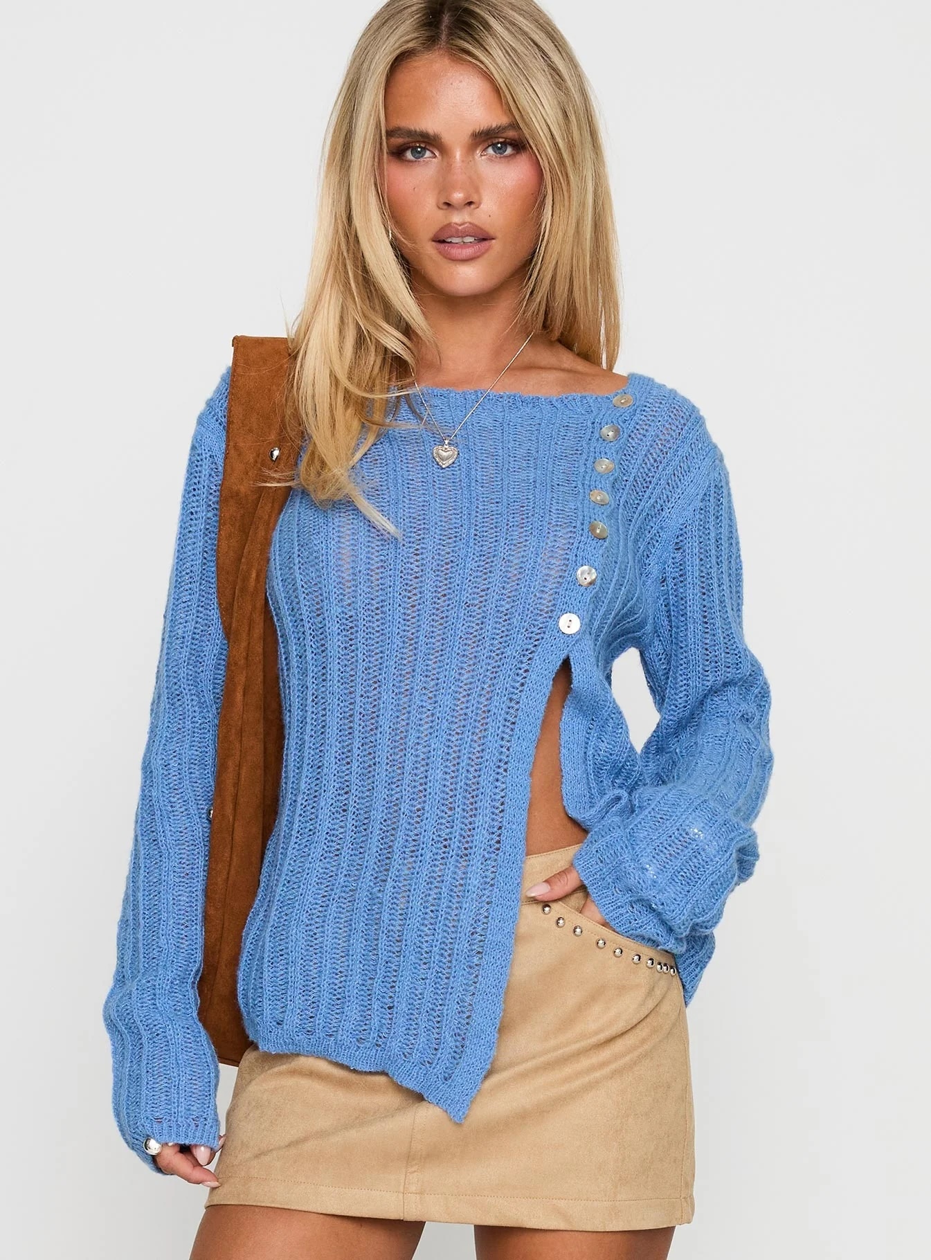 Jubaodi Custom Women’s Button Detail Ribbed Knit Sweater in Blue – Tailor-Made Apparel for Wholesale & OEM/ODM Manufacturing