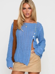 Jubaodi Custom Women’s Button Detail Ribbed Knit Sweater in Blue – Tailor-Made Apparel for Wholesale & OEM/ODM Manufacturing