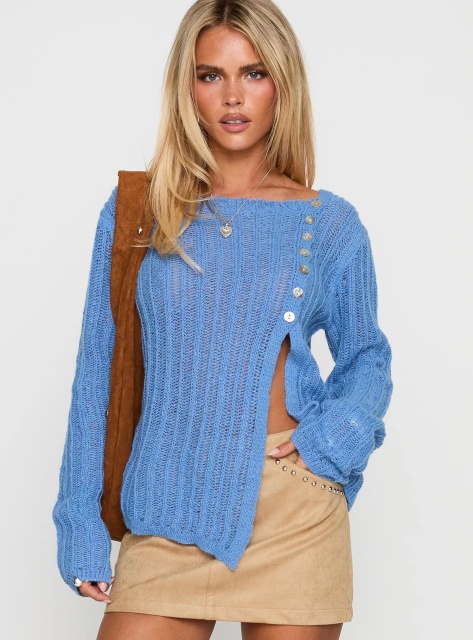 Jubaodi Custom Women’s Button Detail Ribbed Knit Sweater in Blue – Tailor-Made Apparel for Wholesale & OEM/ODM Manufacturing