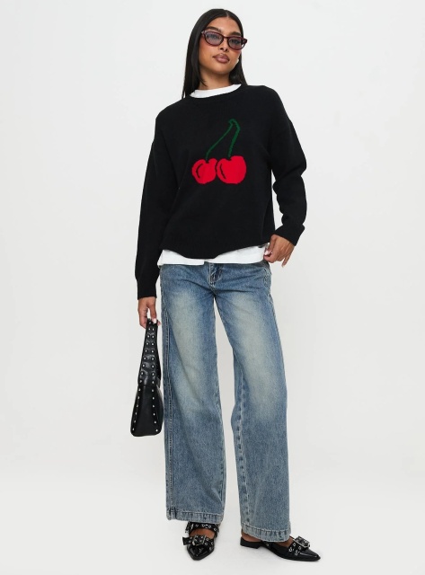 Jubaodi Custom Women’s Cherry Graphic Knit Sweater in Black – Tailor-Made Apparel for Wholesale & OEM/ODM Manufacturing