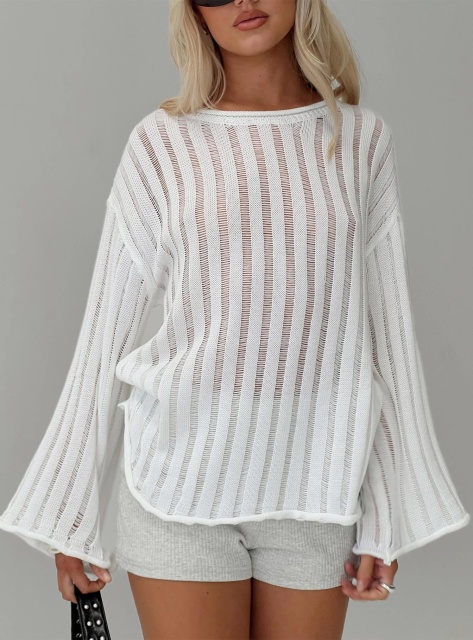 Jubaodi Custom Women’s Oversized Striped Knit Sweater in White – OEM/ODM Wholesale & Custom Apparel Manufacturing