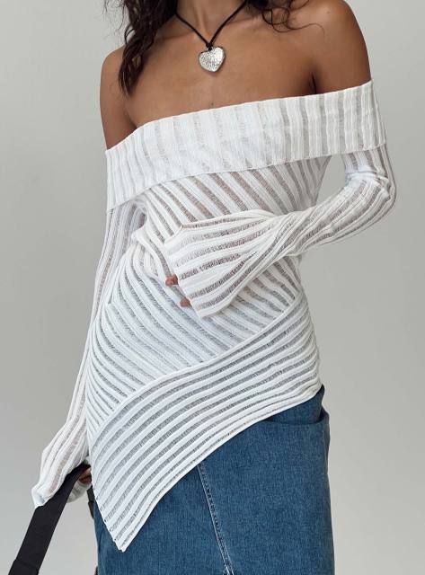 Jubaodi Custom Women’s Off-Shoulder Striped Mesh Top - Personalized Wholesale & OEM/ODM Services