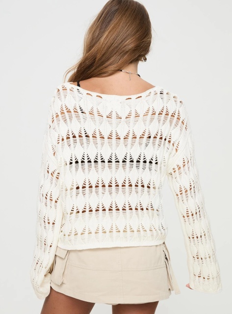 Jubaodi Custom Women’s White Open-Knit Long Sleeve Sweater - Wholesale & OEM/ODM Manufacturing
