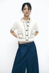 ODM Women's Contrast Trim Cardigan with Wide-Legged Denim Trousers – Customizable Wholesale Fashion Set for Retailers